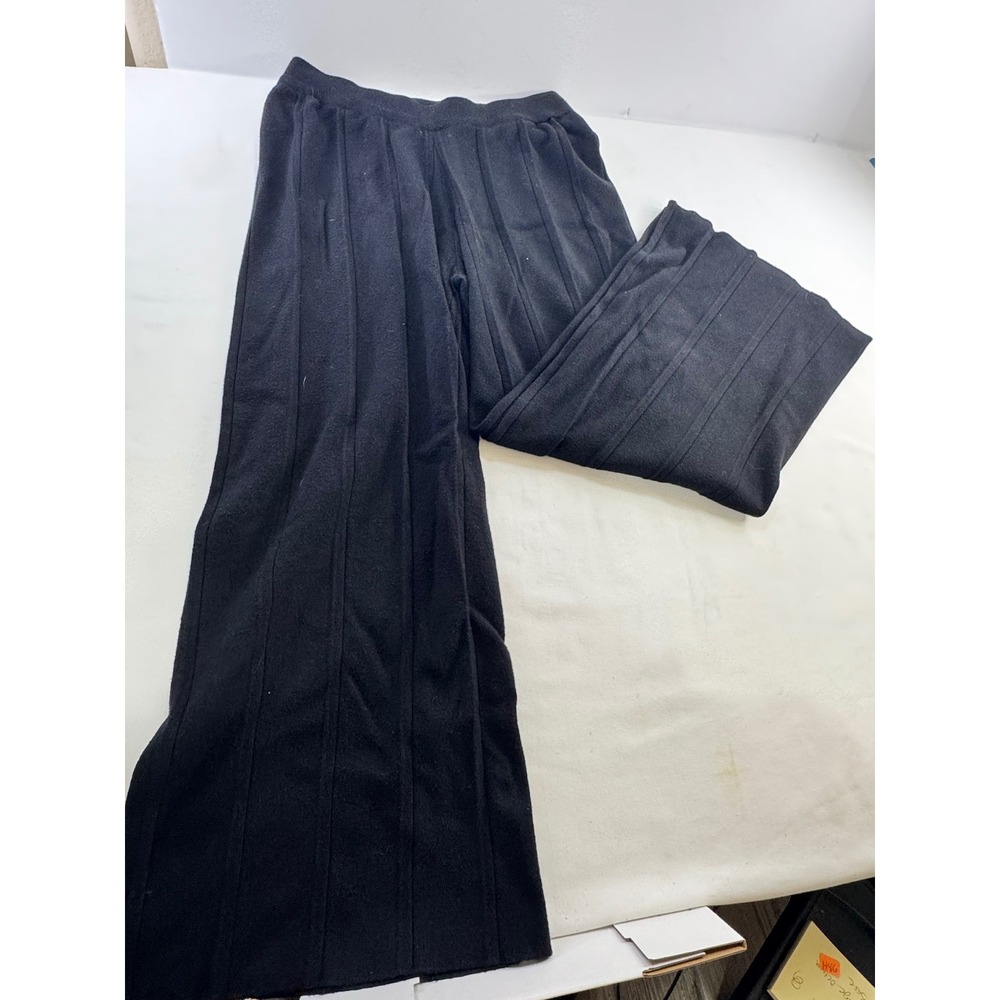 Ekouaer Black Ribbed Knit Wide Leg Pants Elastic Waist Women Size L